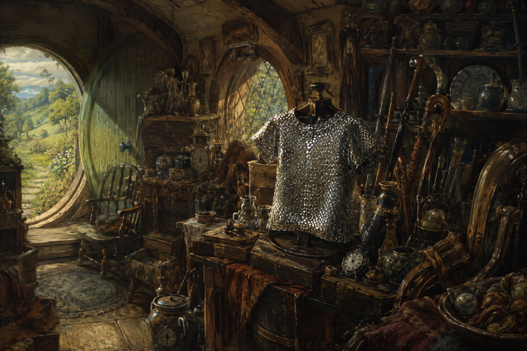 Bilbo's mithril coat displayed among Hobbit curiosities in the Mathom-house at Michel Delving.