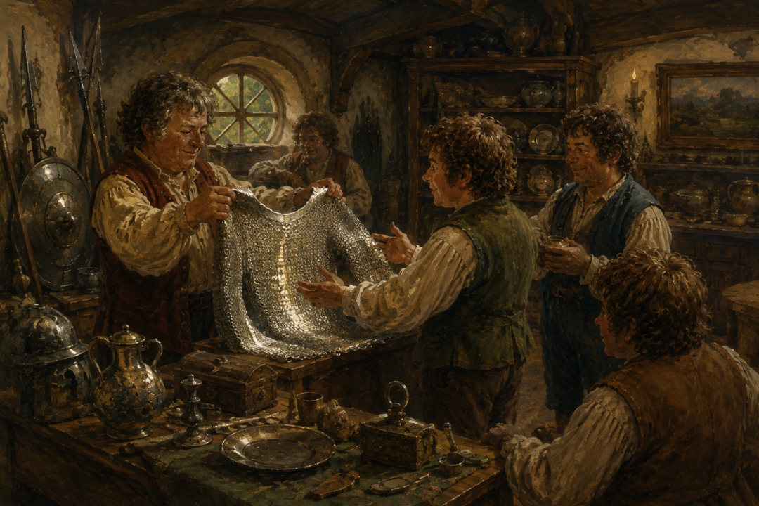 Bilbo Baggins lending his finely wrought mithril coat to the Mathom-house in the Shire.