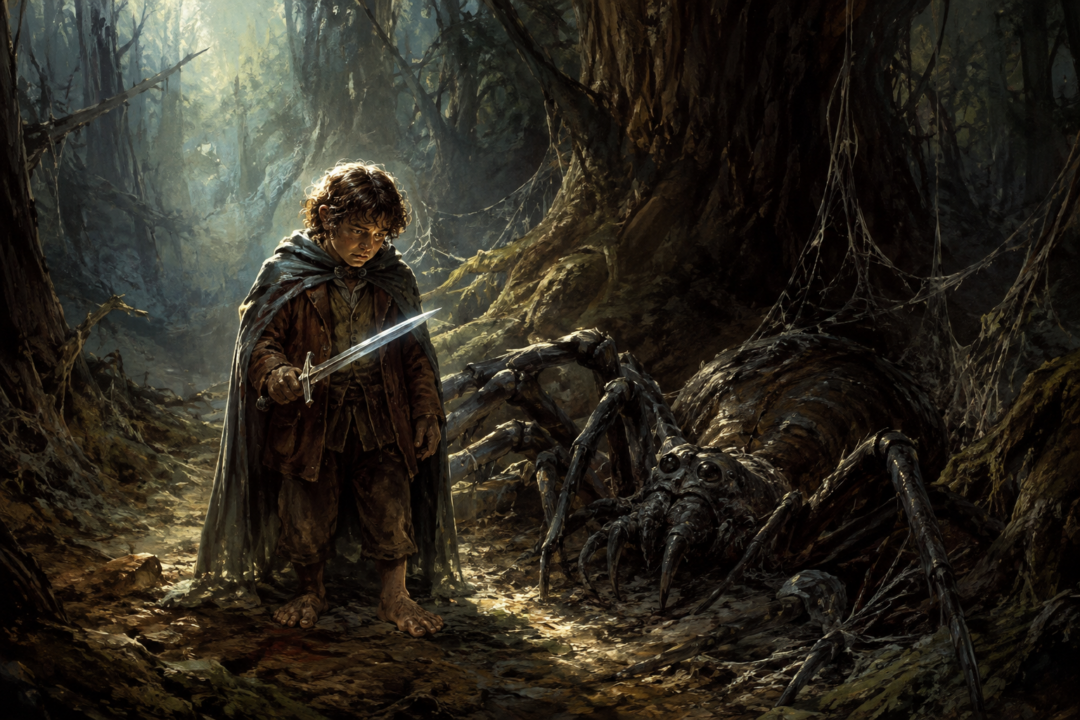 Bilbo Baggins holds his Elvish sword after defeating a giant spider alone in Mirkwood.