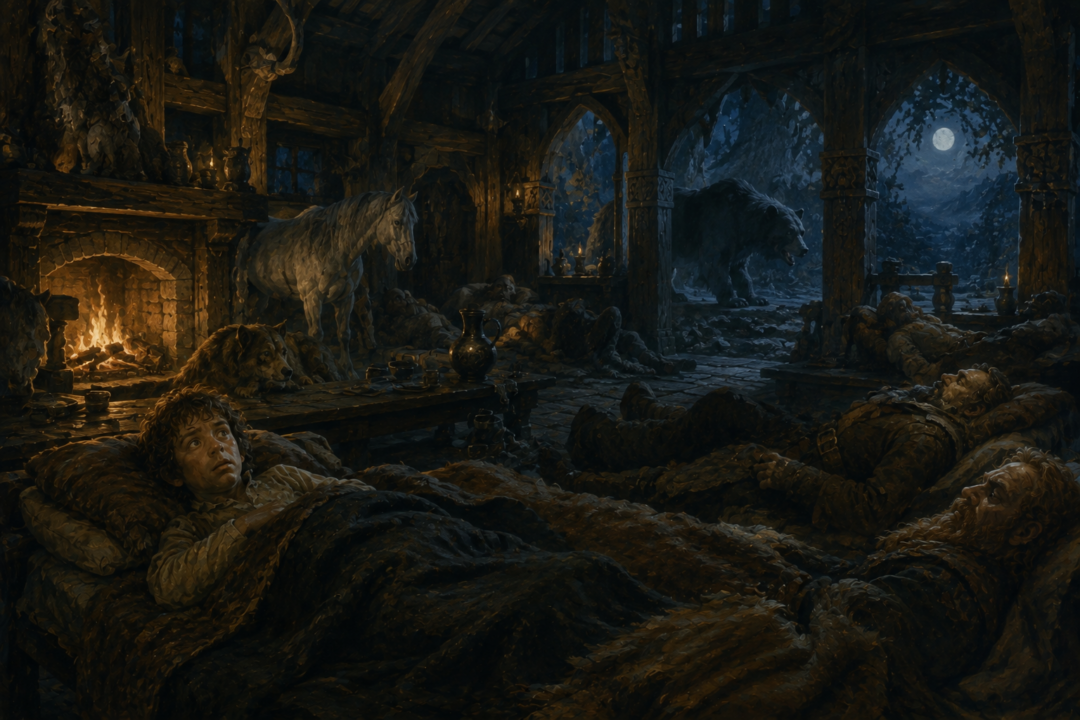 Bilbo lies awake in Beorn's hall while the shadow of a great bear moves outside at night.