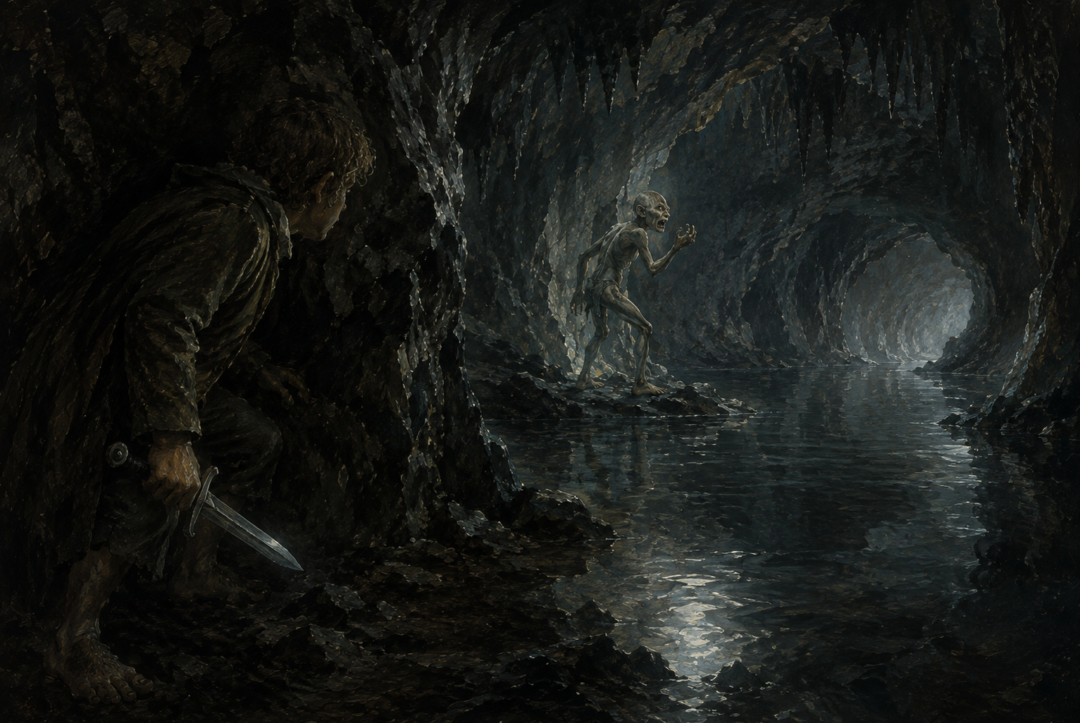 Invisible Bilbo secretly listens as Gollum reveals his knowledge of the back-door beneath the Misty Mountains.