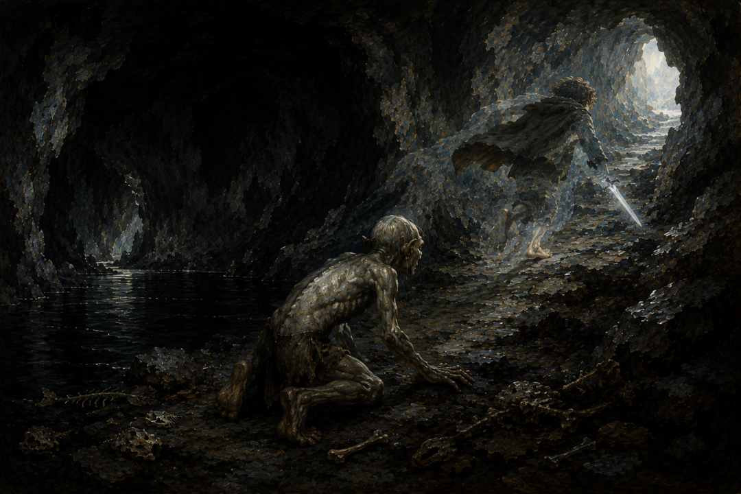 Bilbo leaps over Gollum instead of killing him, choosing mercy as he seeks the way out of the Misty Mountains.