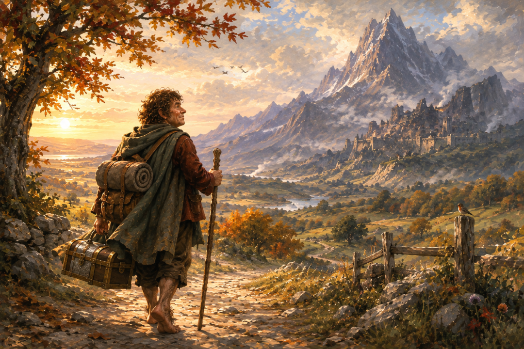Bilbo travelling home from Erebor with two modest chests of silver and gold