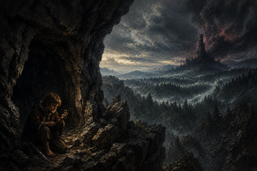 Bilbo finding the One Ring beneath the Misty Mountains while Sauron's shadow gathers far away at Dol Guldur