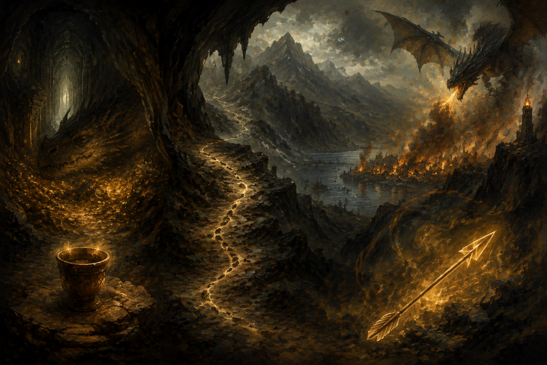 Symbolic depiction of Bilbo's discovery leading from Erebor to Smaug's downfall