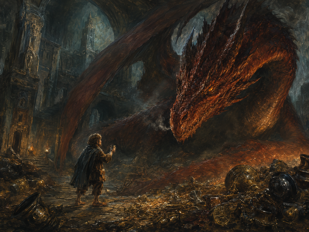 Bilbo and Smaug during their tense conversation beneath the Lonely Mountain