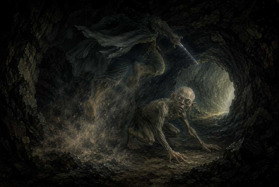 Bilbo leaps over Gollum rather than killing him as he seeks the way out of the Misty Mountains.