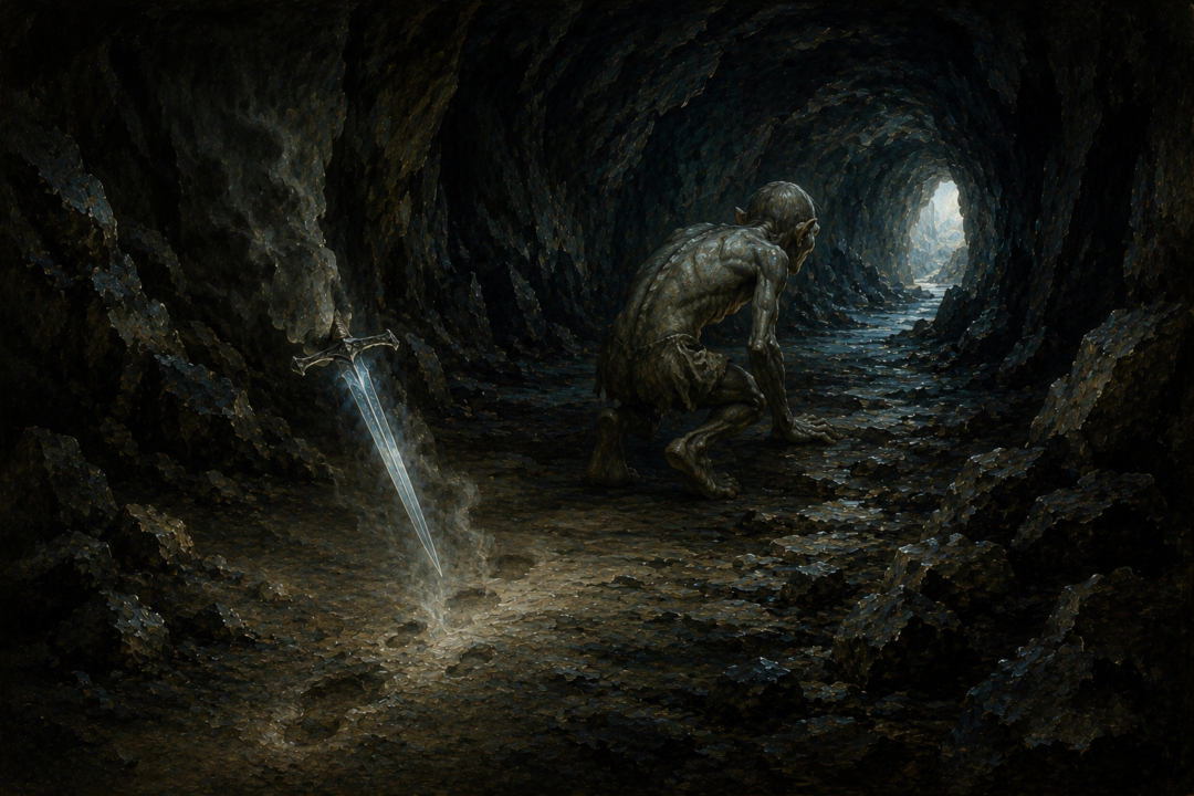 Invisible Bilbo lowers his sword rather than attacking the unarmed Gollum who blocks his escape through the mountain tunnels.