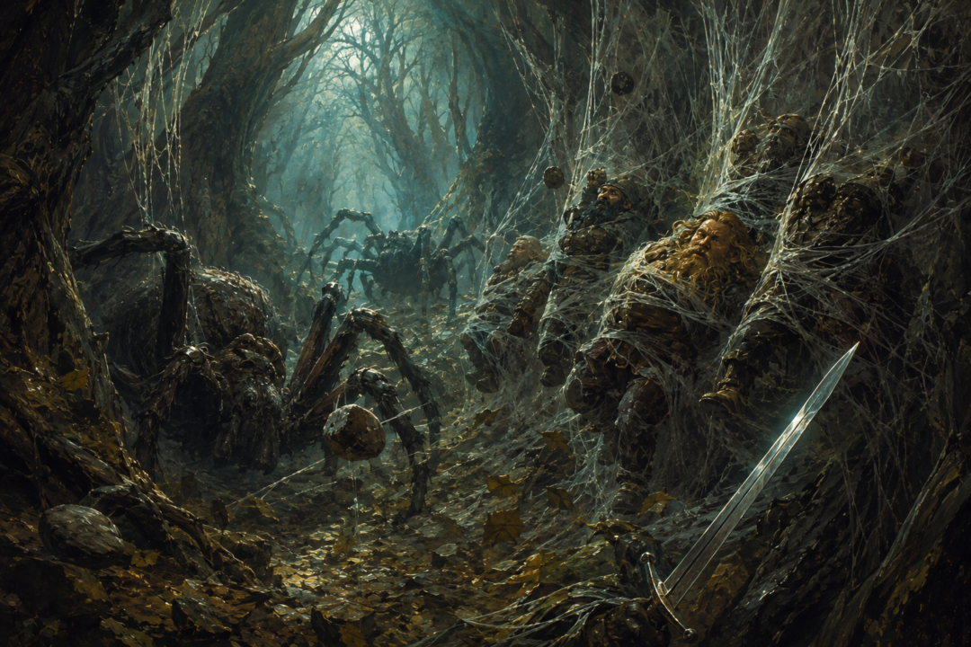 Bilbo uses Sting and his invisibility to rescue the dwarves from the giant spiders of Mirkwood.