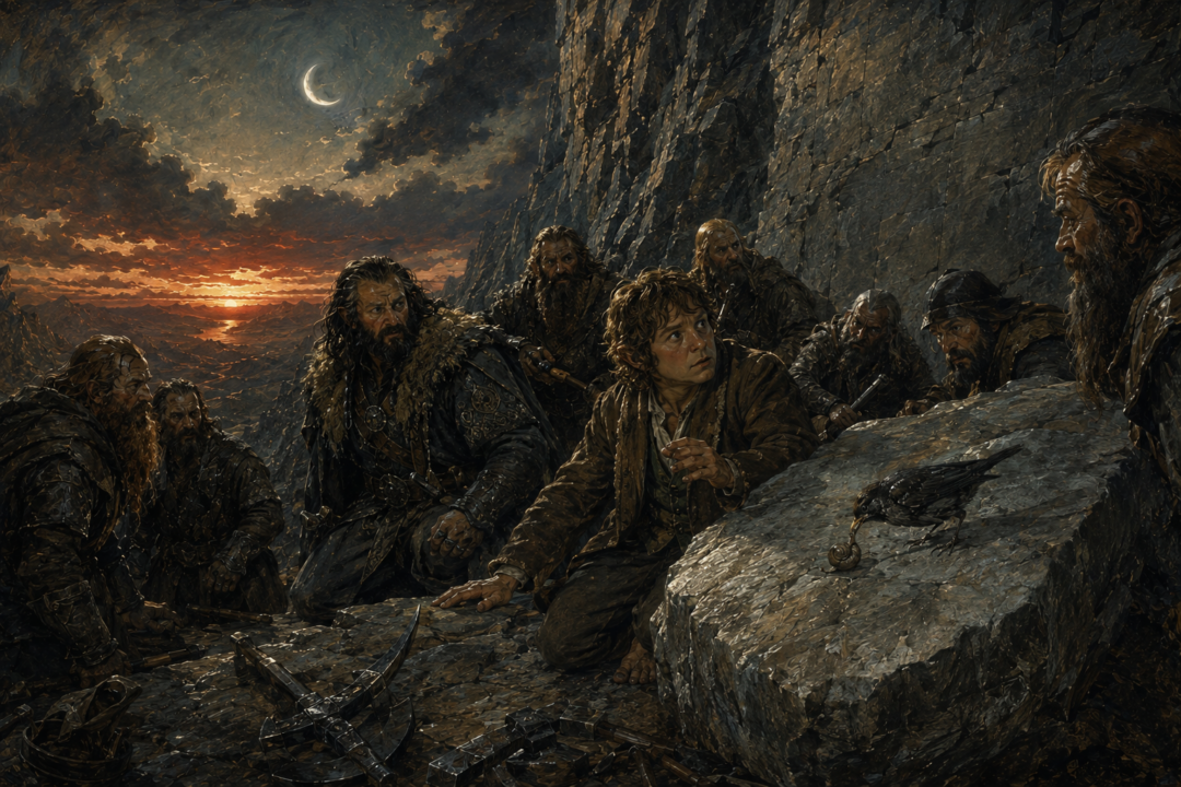 Bilbo notices a thrush knocking a snail against the grey stone beside the hidden door of Erebor.