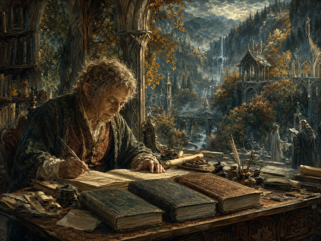 Elderly Bilbo working on his Translations from the Elvish while living in Rivendell.
