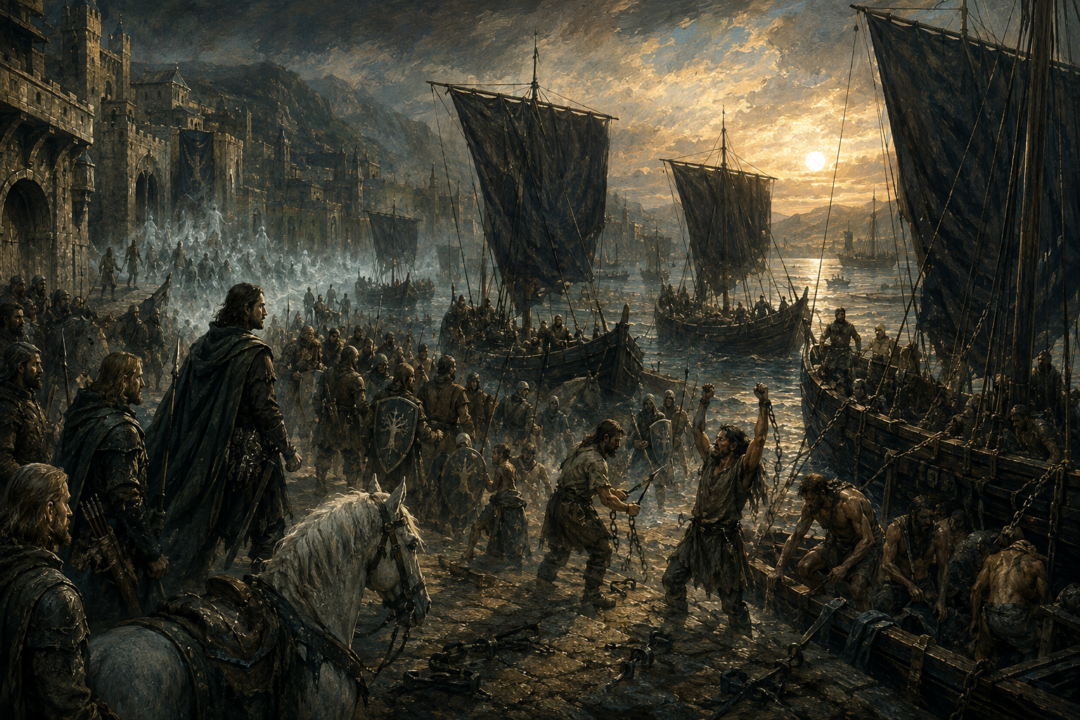 Freed Gondorian captives and soldiers from the southern fiefs prepare captured Corsair ships at Pelargir.