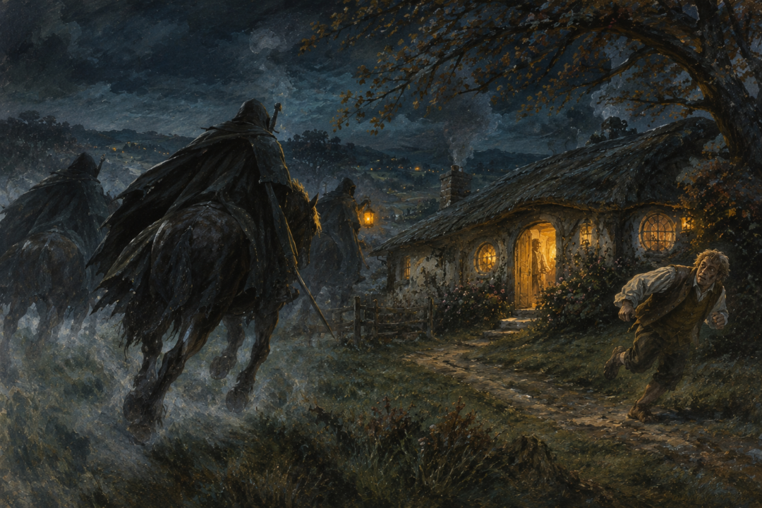 Black Riders approaching Frodo’s empty house at Crickhollow as Fredegar Bolger escapes to raise the alarm.