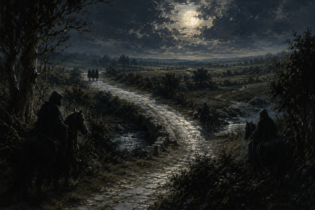 Black Riders watching the Great East Road near Buckland as Frodo seeks a less predictable escape route