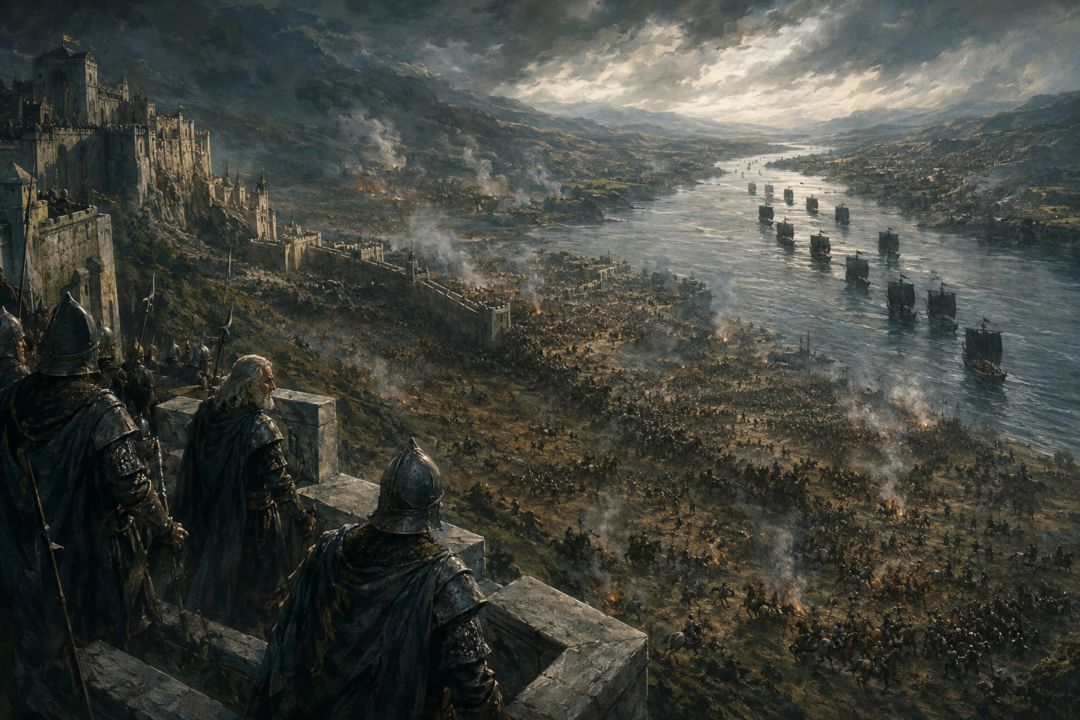 Gondorian defenders watch in horror as black-sailed ships approach Minas Tirith along the Anduin during the Battle of the Pelennor Fields.