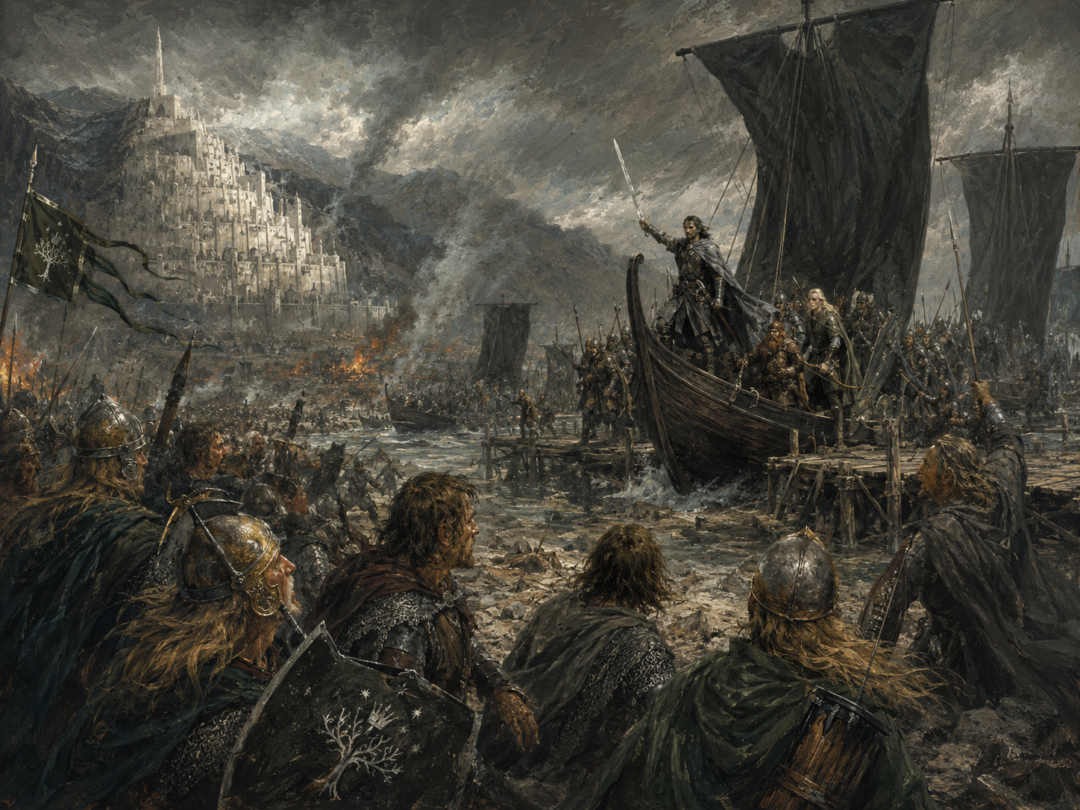 Aragorn and living Gondorian reinforcements disembark from captured black ships at the Harlond during the Battle of the Pelennor Fields.