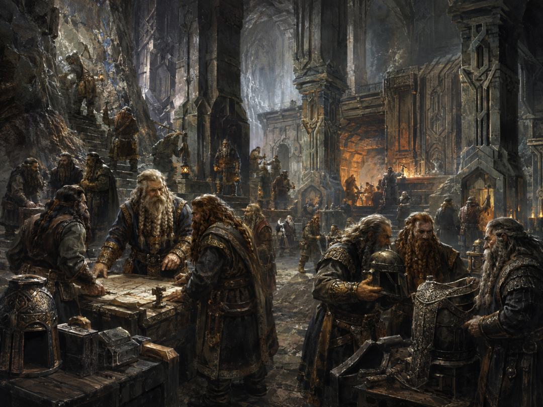 Dwarven craftsmen from the Blue Mountains joining miners and smiths of Durin's Folk inside ancient Khazad-dûm.