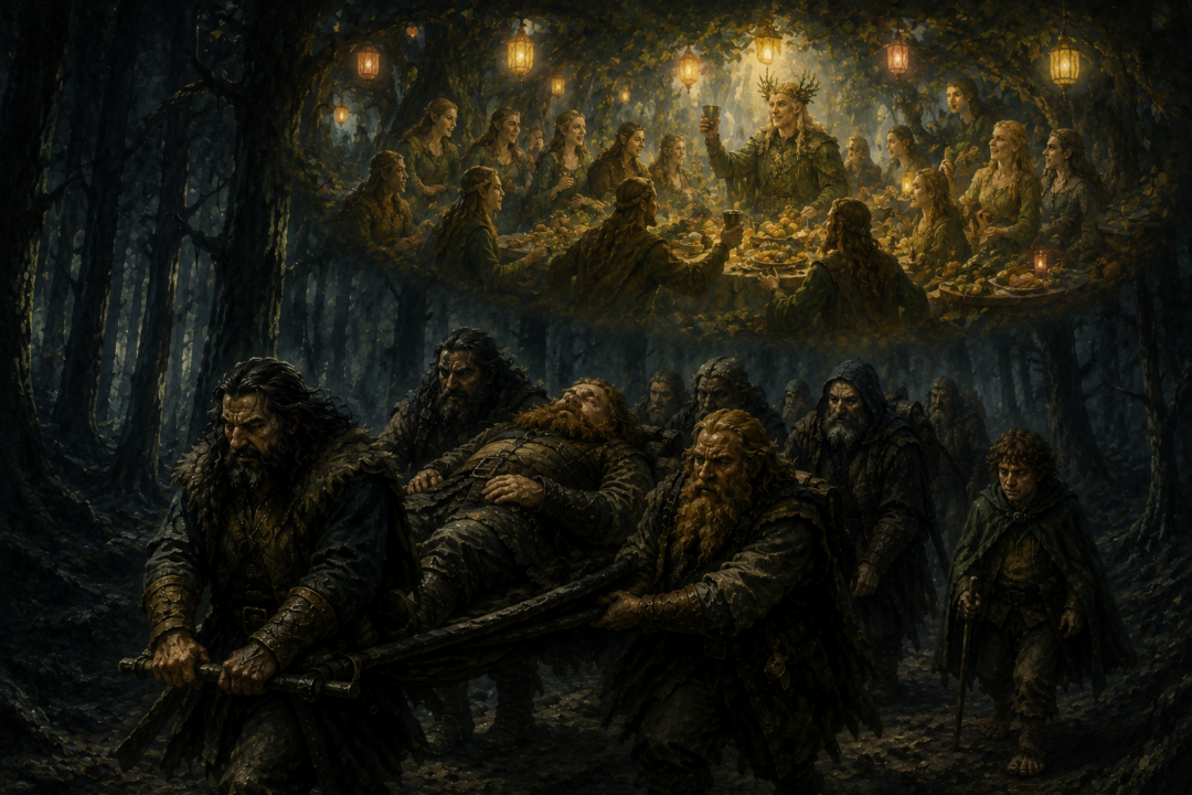 Bombur dreams of a bright woodland feast while his starving companions carry him through the darkness of Mirkwood.