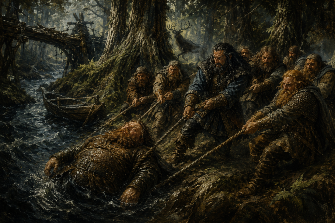 Bombur is pulled from the black Enchanted Stream by Thorin's Company after falling into the water in Mirkwood.