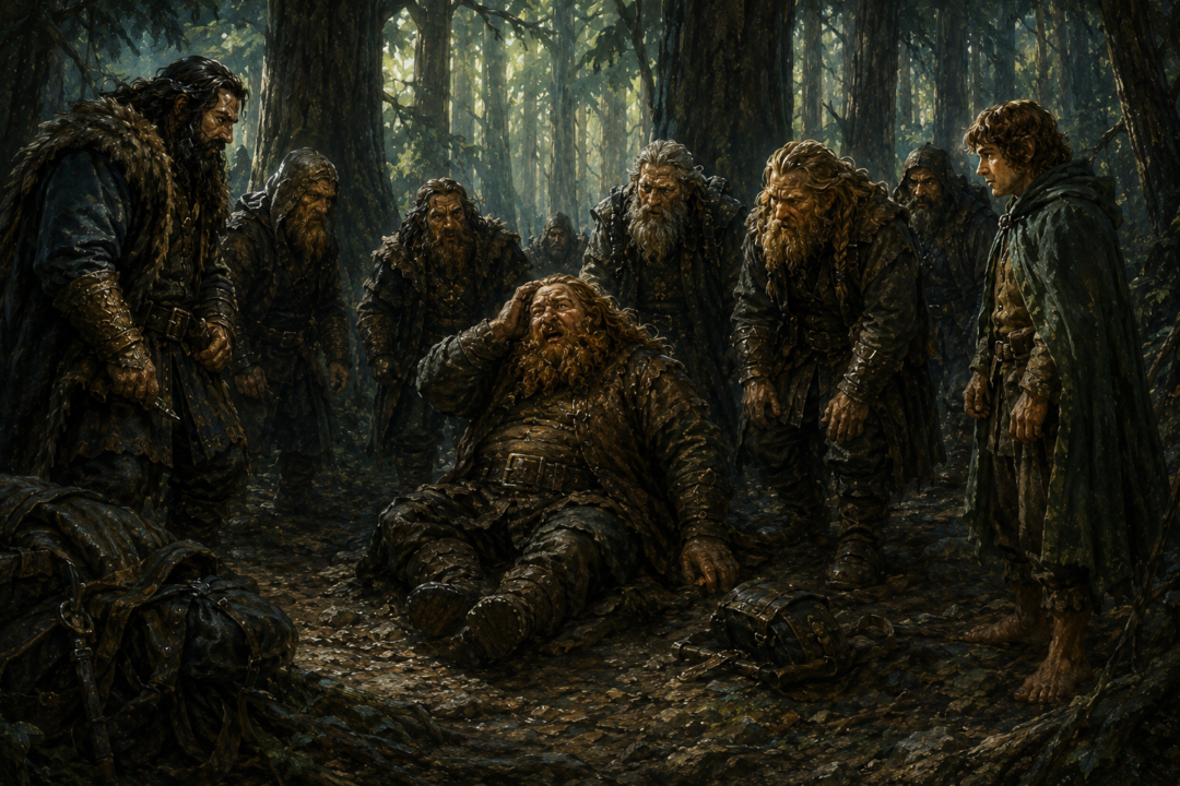 Bombur wakes confused and weak in Mirkwood after the enchanted stream has erased his memory of the journey since Bag End.