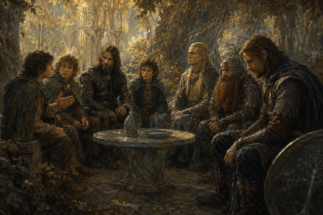 The Fellowship discusses Galadriel's test while Boromir sits apart and keeps the nature of his temptation secret.