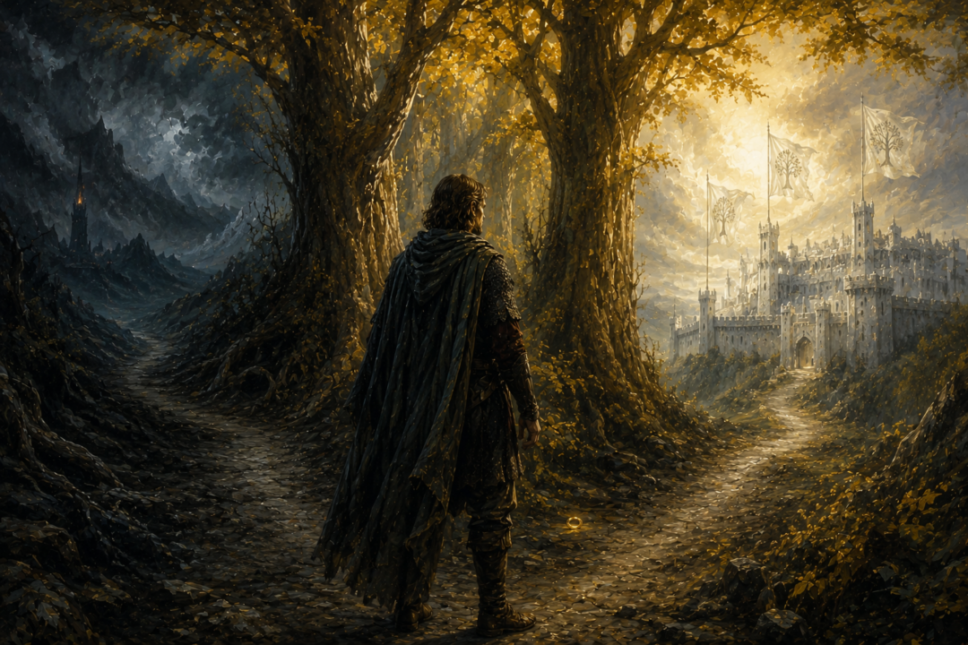 Mortally wounded Boromir confesses his attempt to take the Ring as Aragorn kneels beside him at Amon Hen.