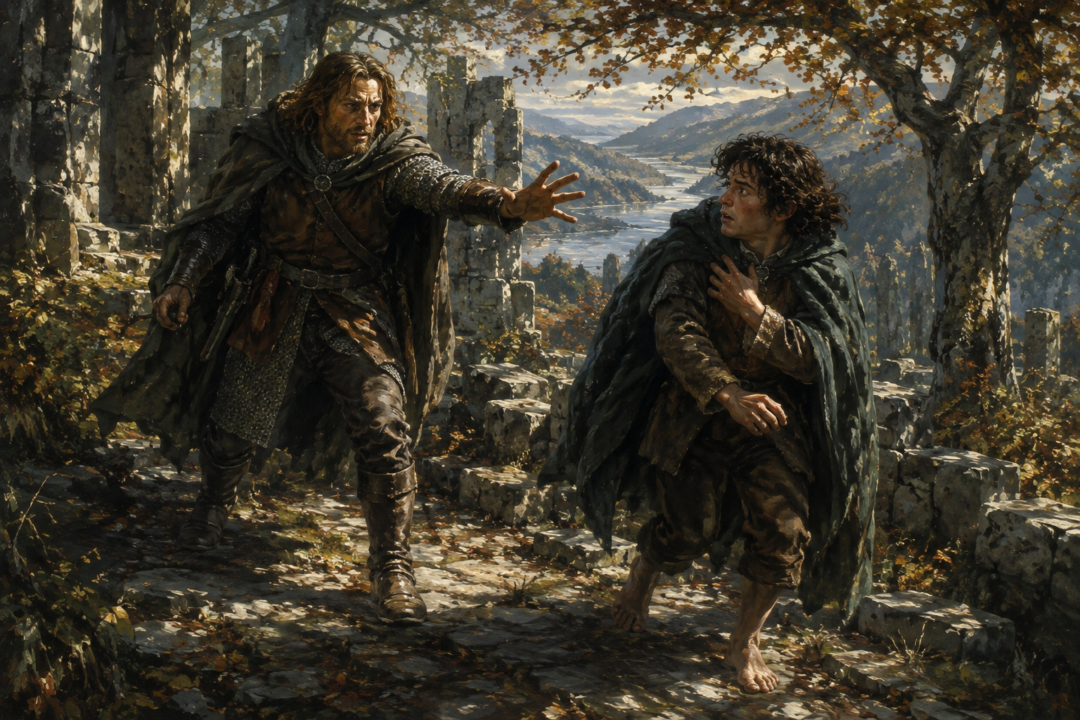 Boromir confronts Frodo on Amon Hen as his desire for the One Ring overwhelms his judgment.