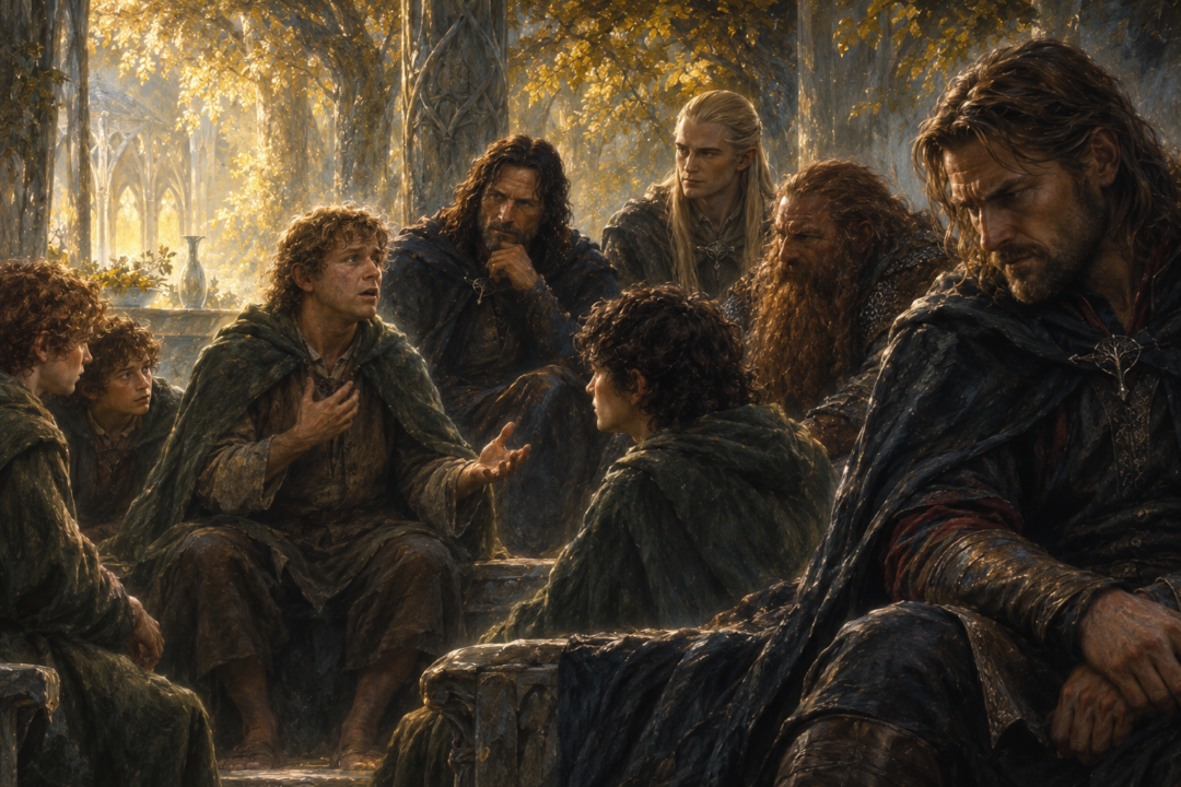 A symbolic depiction of Boromir caught between the dangerous Quest and his desire to see Minas Tirith saved through great power.