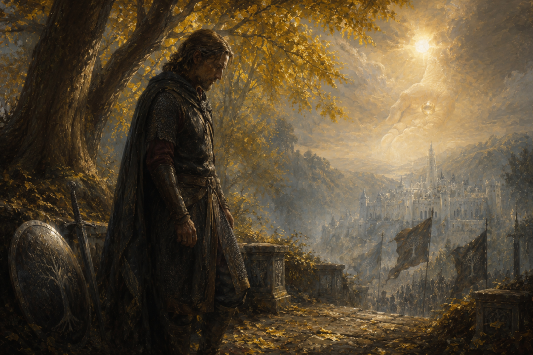 Boromir stands troubled beneath the mallorn trees after Galadriel's test as an ambiguous vision of Gondor appears in the distance.