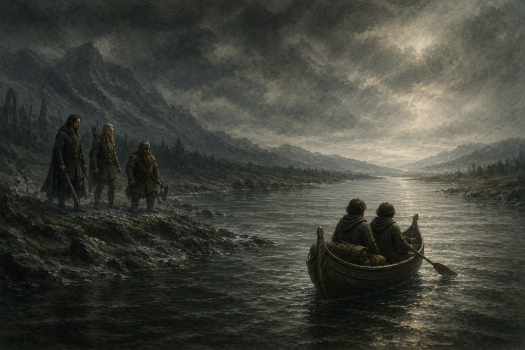 Frodo and Sam crossing the Anduin as the broken Fellowship follows separate paths