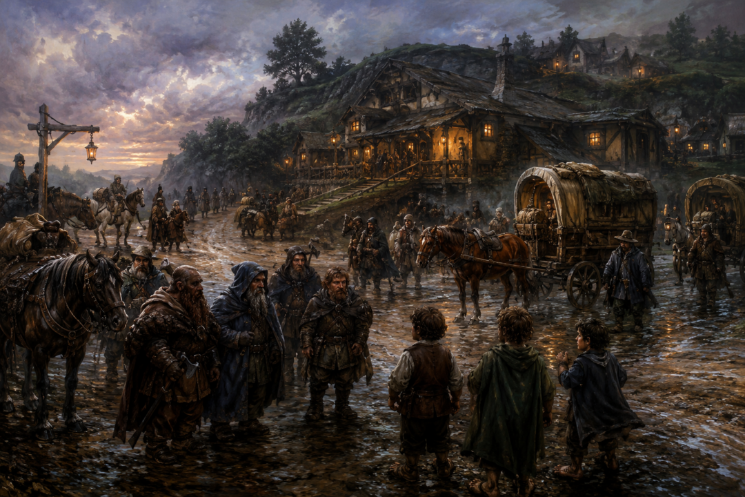 Dwarves, Men and hobbits meeting near the ancient road crossroads at Bree in the late Third Age.