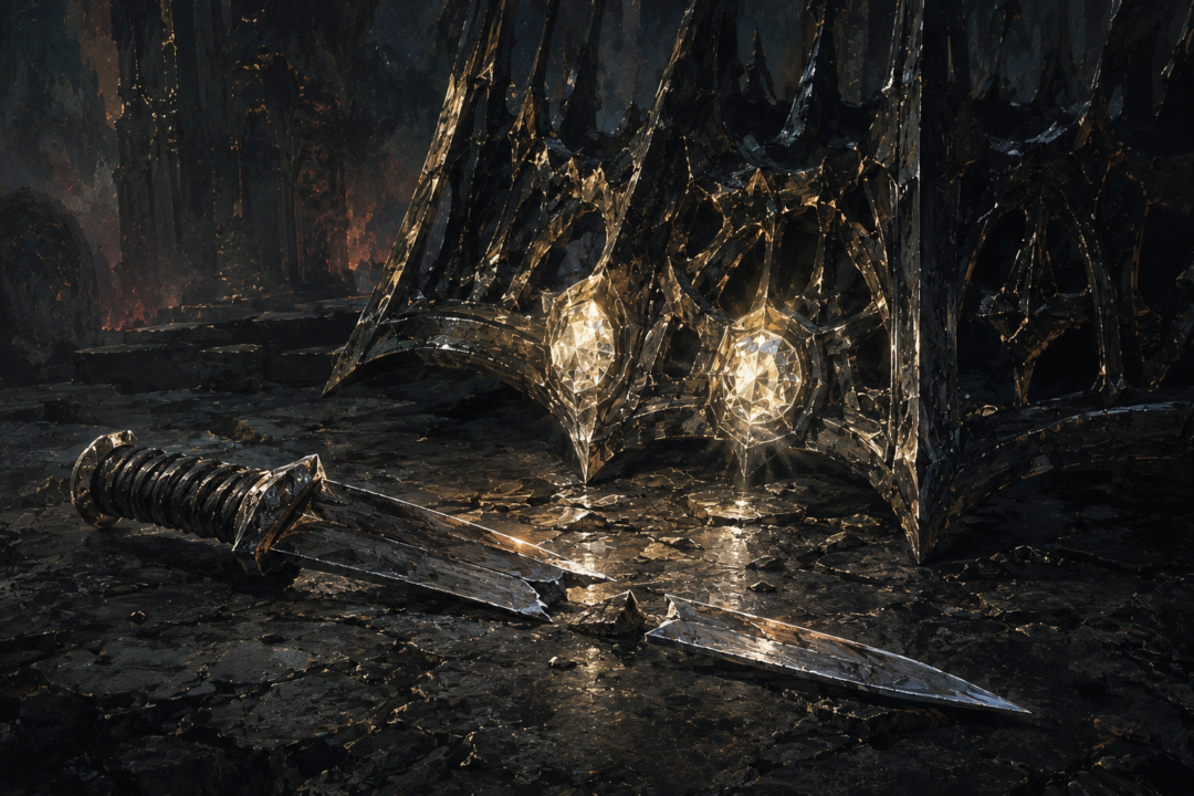 The broken blade of Angrist lies beside Morgoth’s dark Iron Crown and its remaining Silmarils.