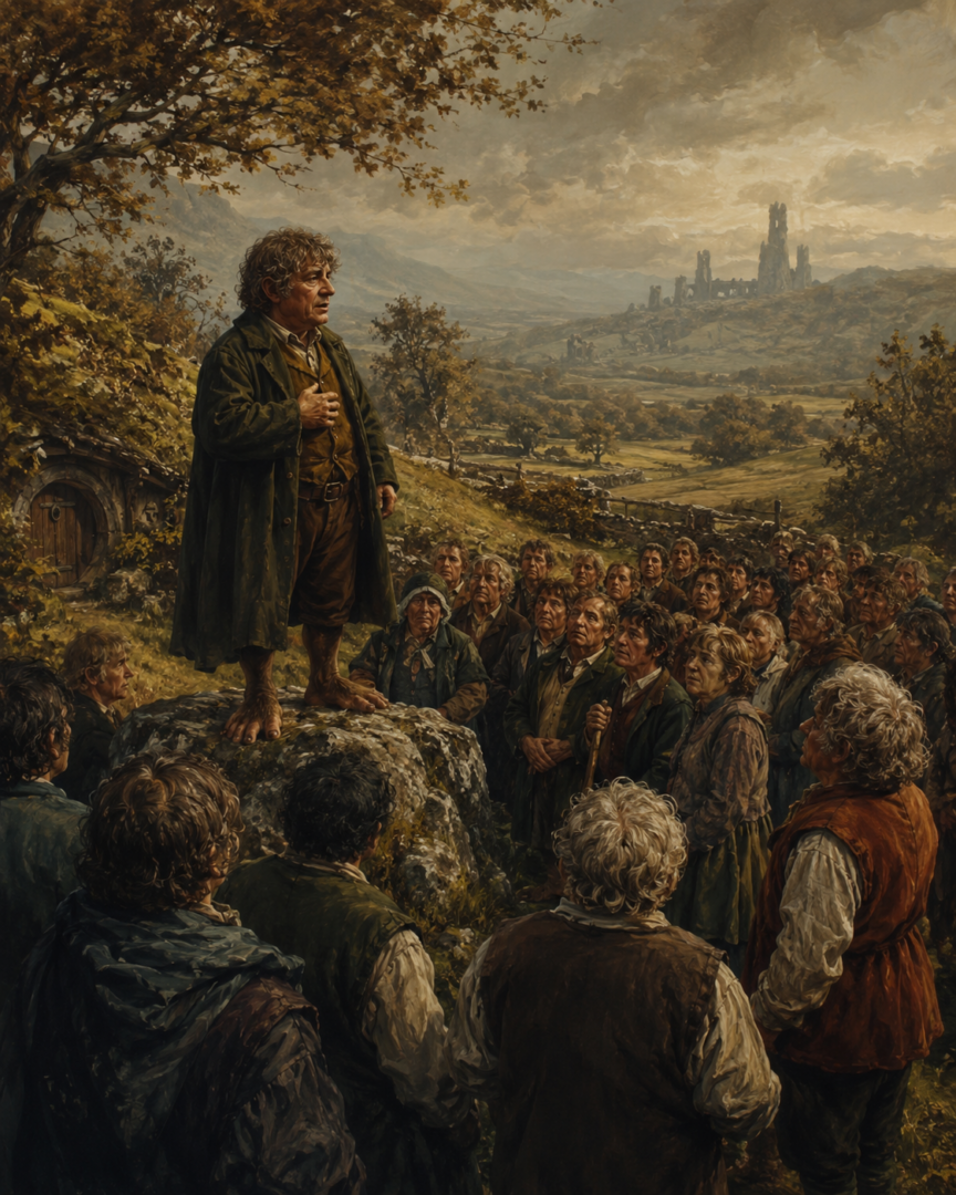 Bucca of the Marish standing before a gathering of Hobbits after the fall of the North-kingdom.