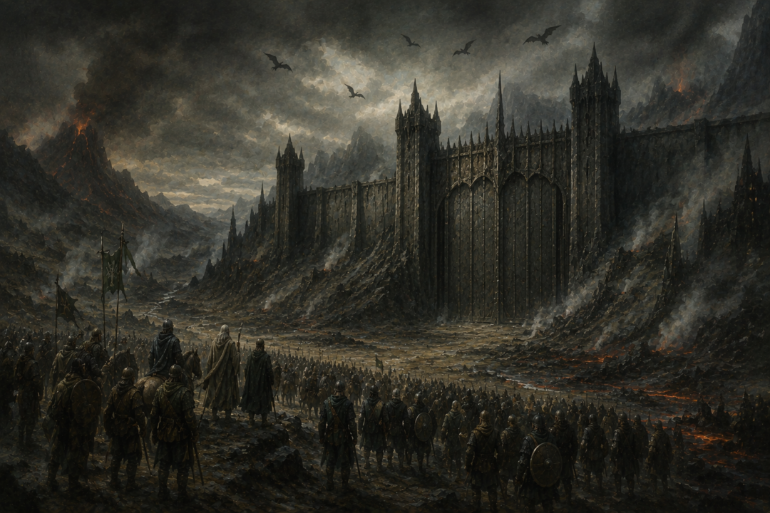 The vastly outnumbered Captains and Army of the West stand before the immense Black Gate of Mordor as part of their diversion for the Ring-bearer.