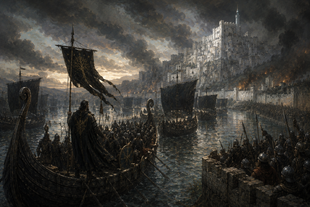 Aragorn bringing Gondor's southern reinforcements up the Anduin aboard captured Corsair ships