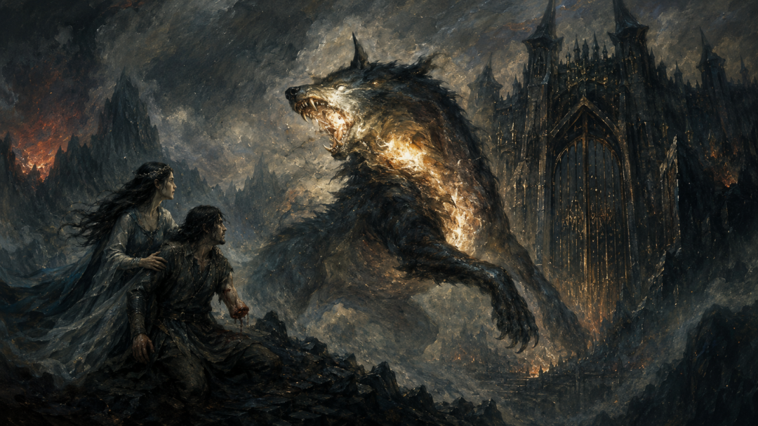 Carcharoth recoiling in agony after swallowing Beren's hand and the hallowed Silmaril