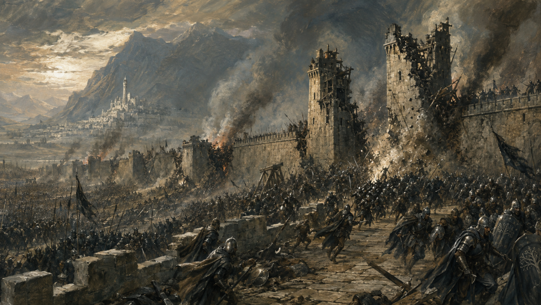 Sauron's forces destroy the Causeway Forts and blast breaches through the Rammas Echor at dawn.