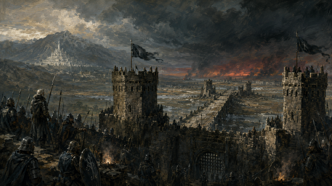 The Causeway Forts guarding the Rammas Echor with Osgiliath to the east and distant Minas Tirith across the Pelennor.
