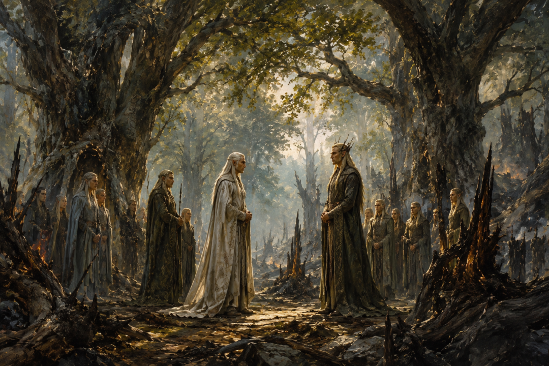 Celeborn and Thranduil meeting beneath the trees as Mirkwood becomes Eryn Lasgalen after Sauron's fall