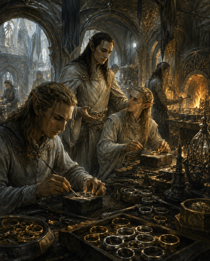 Celebrimbor and the Elven-smiths of Eregion learning ring craft while Sauron watches in a fair disguise.