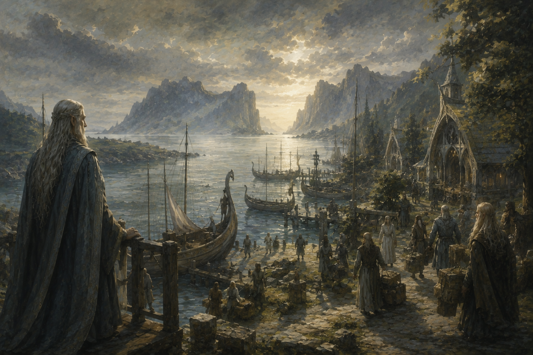 Círdan and Elven survivors establishing new havens beside the Gulf of Lhûn after the destruction of Beleriand.