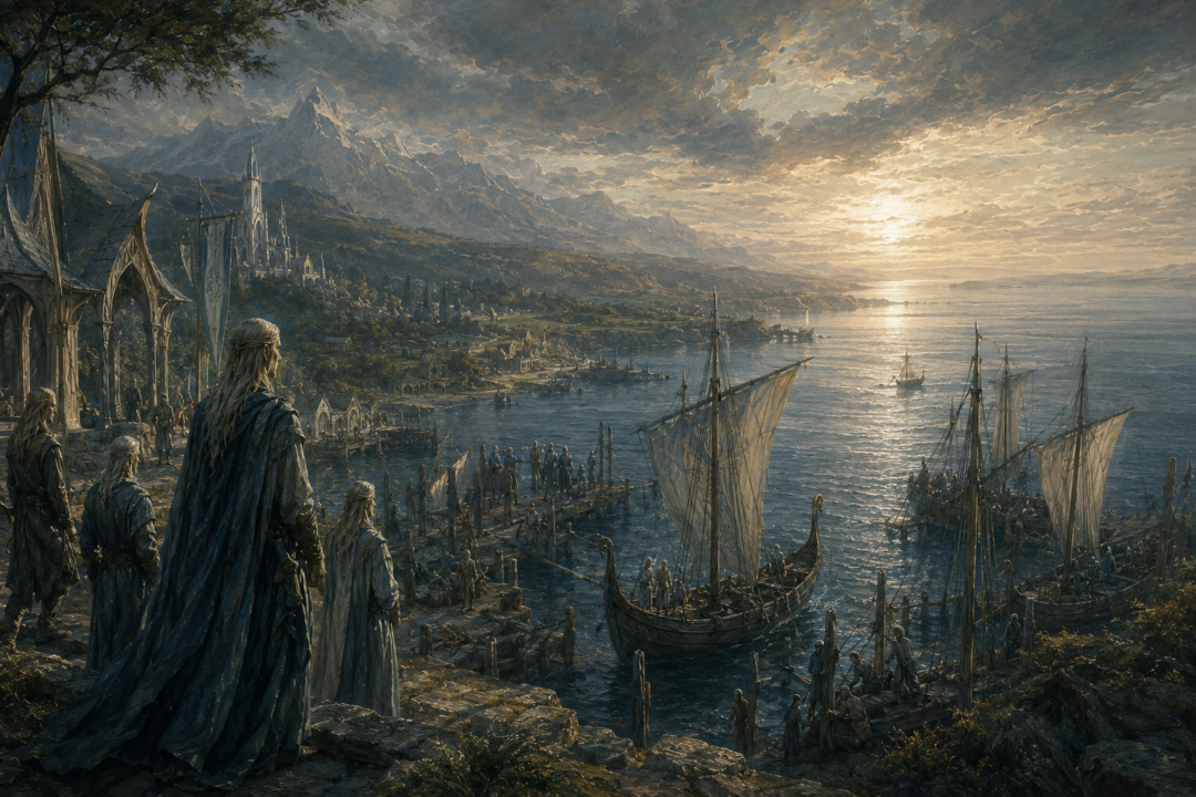 Círdan and Elven mariners overlooking the newly founded Grey Havens in Lindon at the beginning of the Second Age