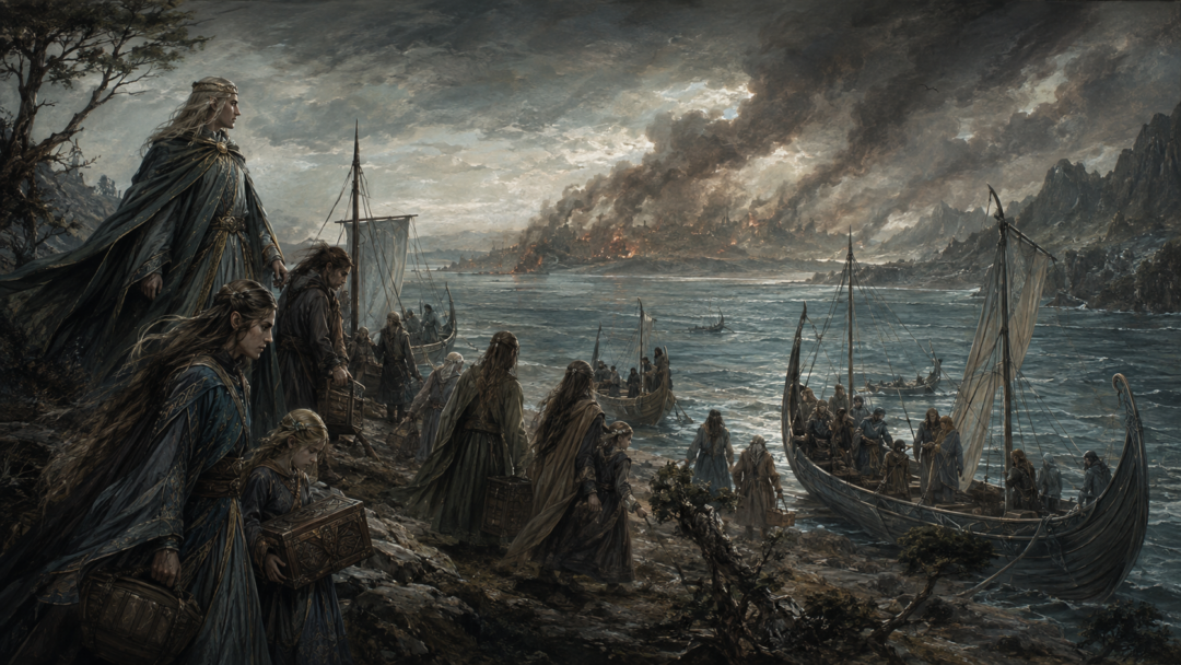 Círdan and Falathrim refugees arriving by ship on the Isle of Balar after the fall of the Havens