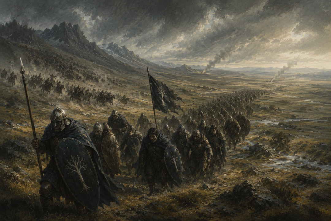 Cirion's Gondorian army retreating across the exposed Wold as Balchoth forces advance and Orcs threaten from the mountains.