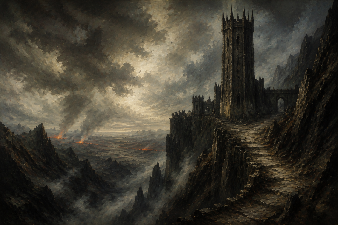The abandoned Tower of Cirith Ungol surviving after the War of the Ring