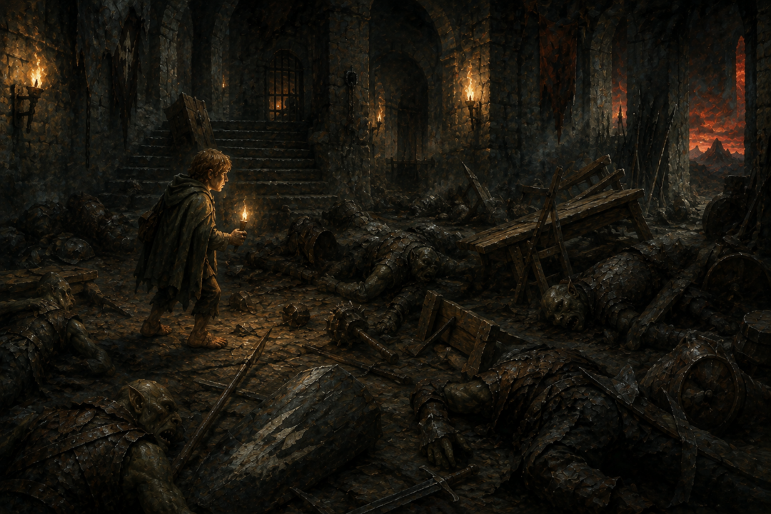 Sam entering the Tower of Cirith Ungol after the rival Orc companies have nearly destroyed one another.