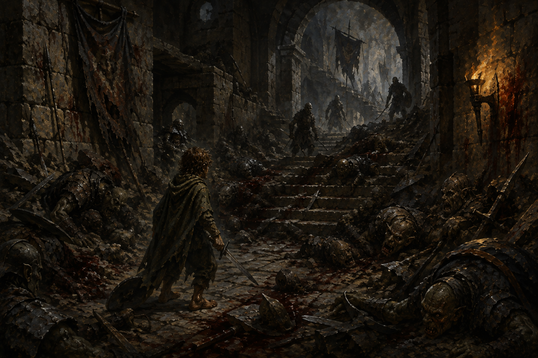 Sam entering the Tower of Cirith Ungol after Shagrat and Gorbag's Orc companies destroyed one another.