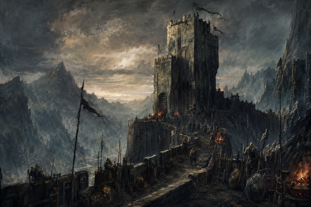 Orc sentries occupying the ancient Gondorian Tower of Cirith Ungol in the Mountains of Shadow.
