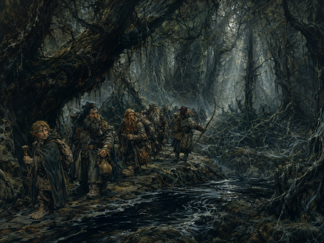 Thorin’s company follows the narrow path through dark Mirkwood near the dangerous enchanted stream while carrying Beorn’s provisions.