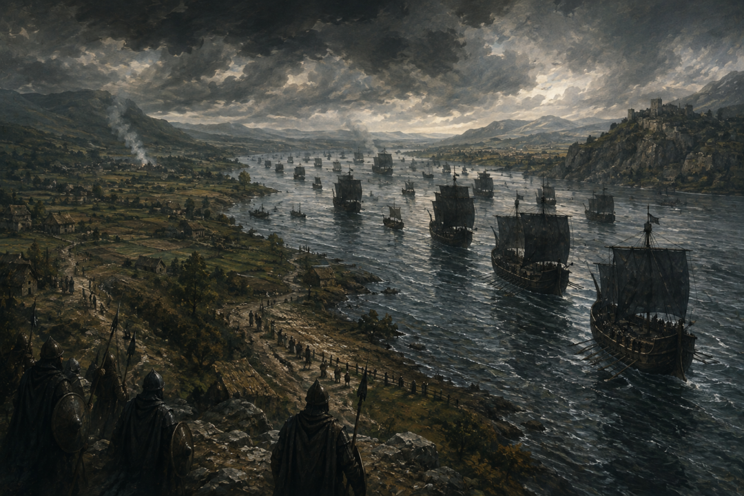 A fleet of black-sailed Corsair ships advances along the Anduin while defenders guard the threatened lands of southern Gondor.